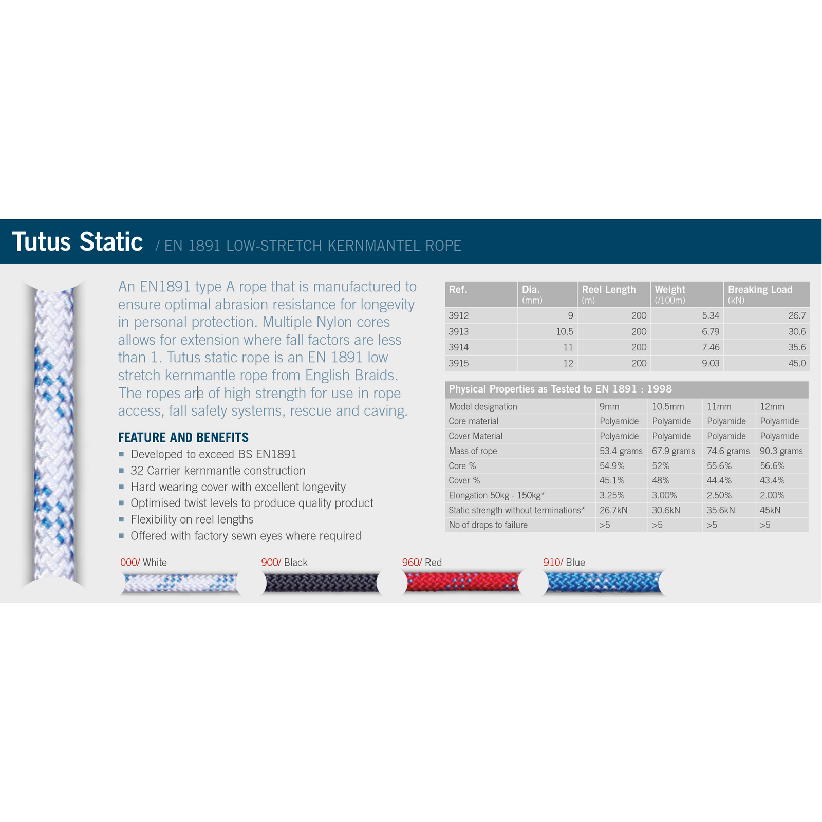 TUTUS Static - Rope Access Static Rope EN 1891 (50m reel) - Ropes.sg