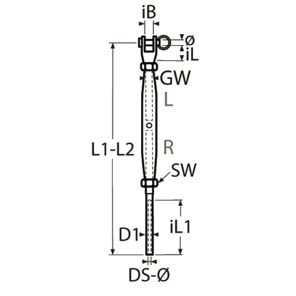 Turnbuckle fork-terminal, machined A4 AISI 316 - Ropes.sg